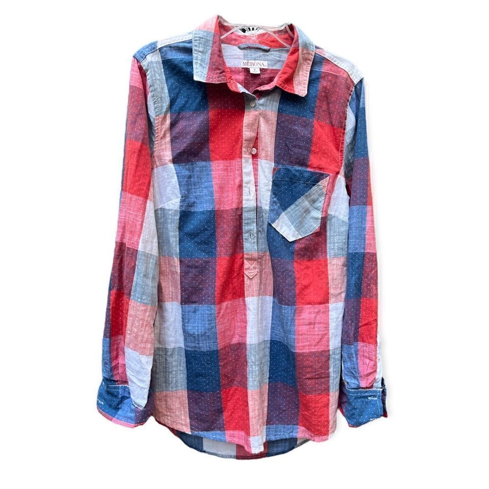 MERONA RED WHITE BLUE PLAID HALF BUTTON UP LONG SLEEVE SHIRT TUNIC TOP SIZE S